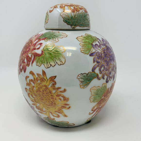 Vintage Hand Painted Lidded Chinese Ginger Jar Urn Floral Design 9" - Picture 5 of 9